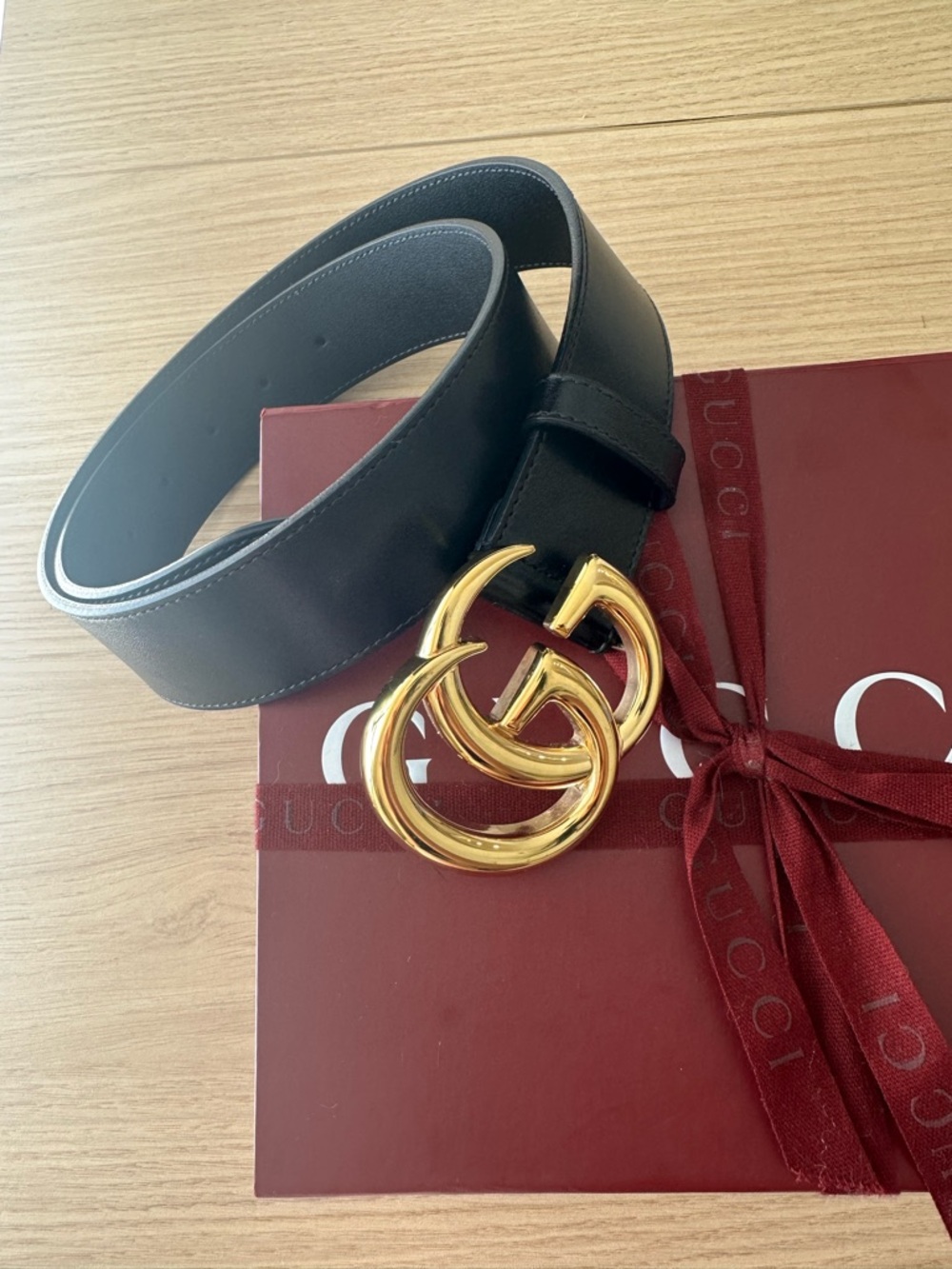 Gucci Black Leather Belt with Gold Double G Interlocking Buckle